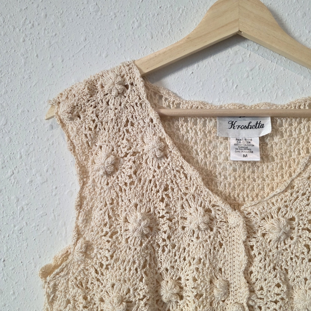 Vintage Cream Floral Crochet Button Up Vest M - Picture 4 of 6